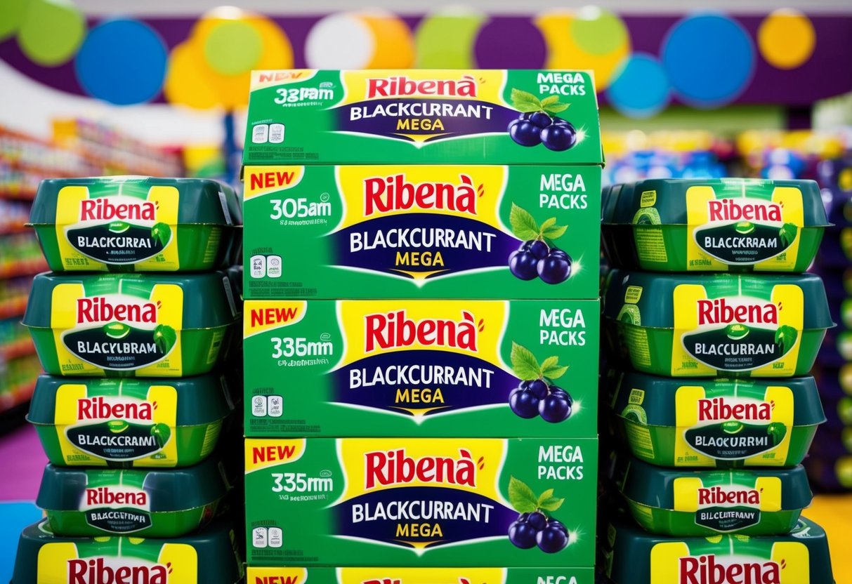 A towering display of Ribena Blackcurrant Mega Packs, surrounded by colorful promotional signage