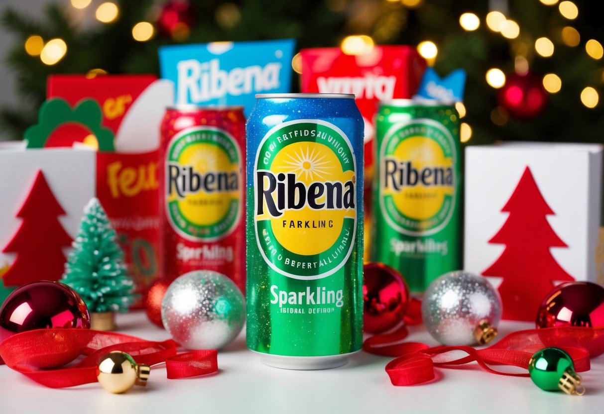 A colorful Ribena Sparkling can surrounded by promotional items and festive decorations