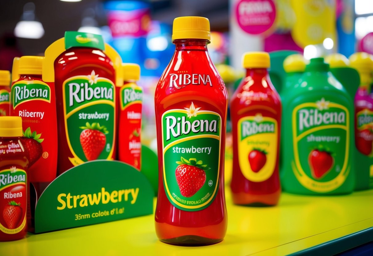 A colorful 1L bottle of Ribena Strawberry sits on a vibrant promotional display with eye-catching signage and other Ribena products nearby