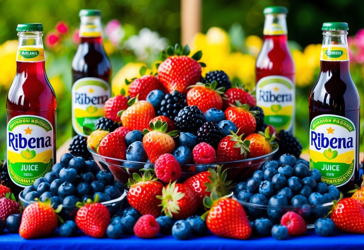 A vibrant display of assorted mixed berries, including strawberries, blueberries, and blackberries, surrounded by bottles of Ribena juice