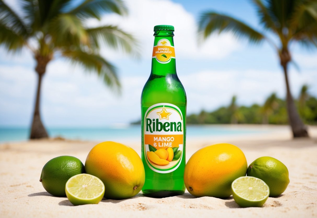 A tropical beach scene with a bottle of Ribena Mango & Lime surrounded by fresh mangoes and limes, with palm trees in the background