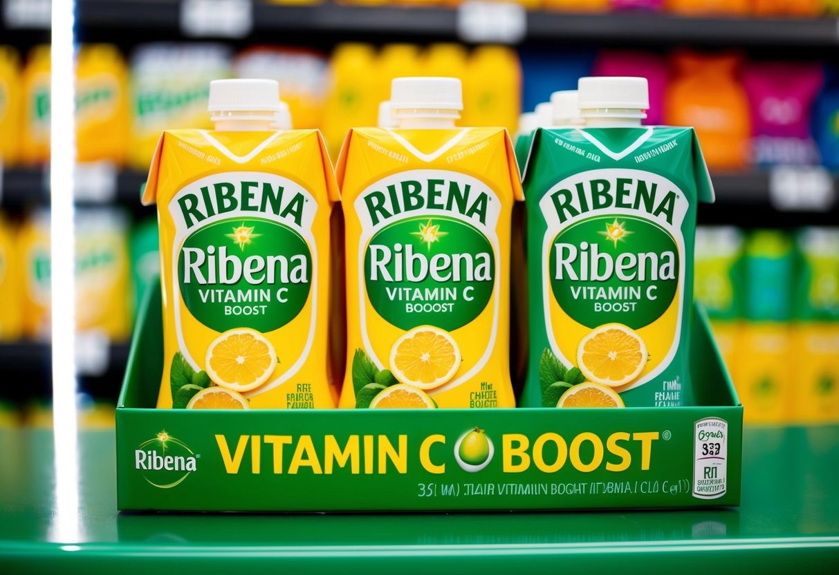 A vibrant display of Ribena Vitamin C Boost Packs with promotional signage