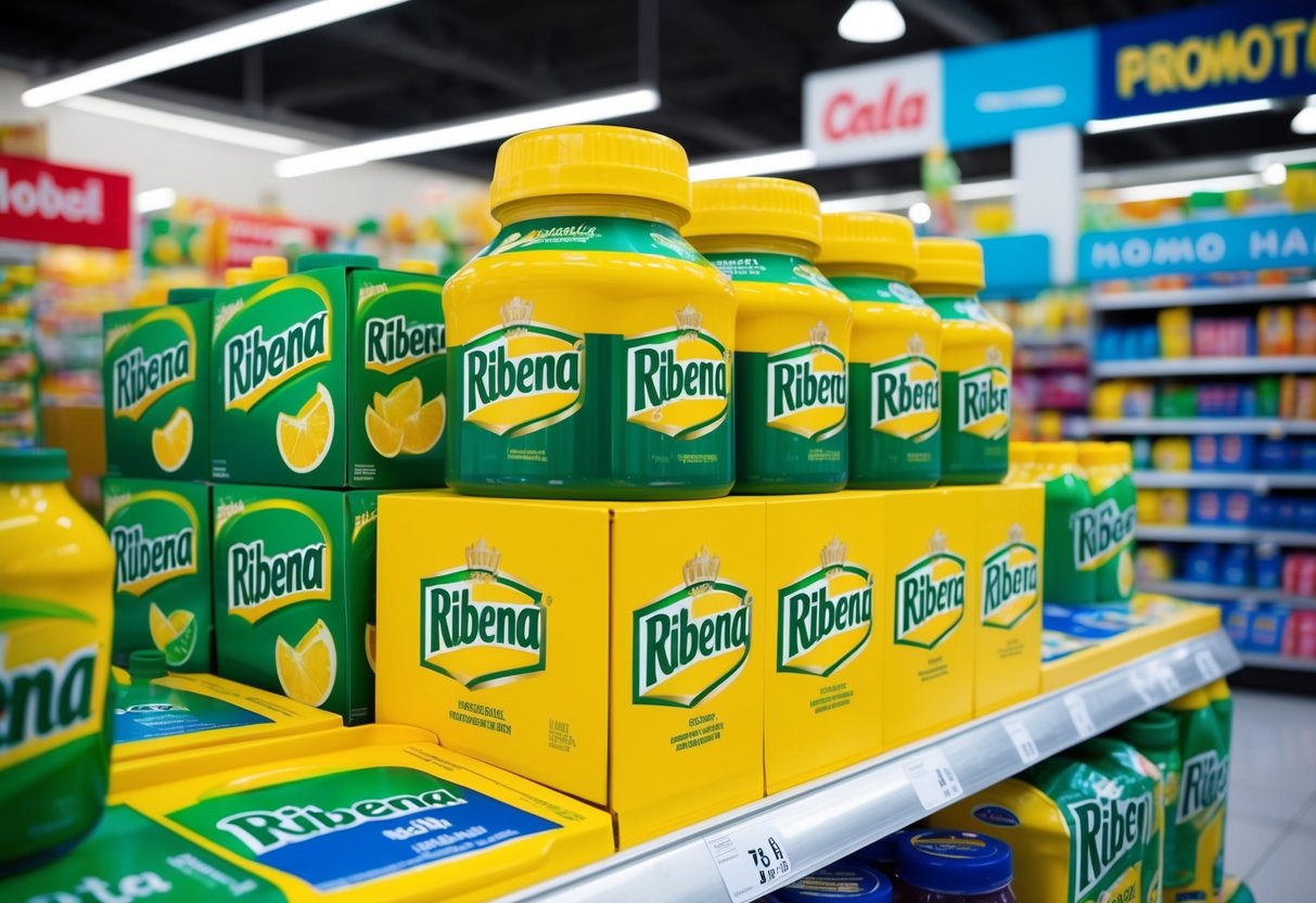 A colorful display of Ribena products arranged on a supermarket shelf, surrounded by promotional signs and banners