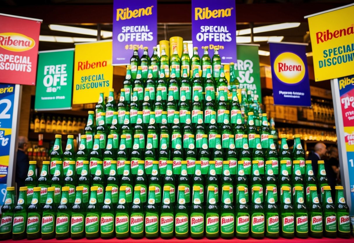 A vibrant display of Ribena bottles arranged in a pyramid with colorful banners and signs promoting special offers and discounts
