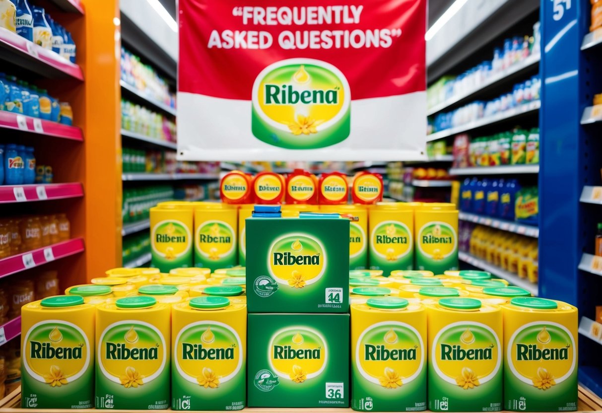 A colorful display of Ribena products with a banner promoting "Frequently Asked Questions" in a busy supermarket aisle