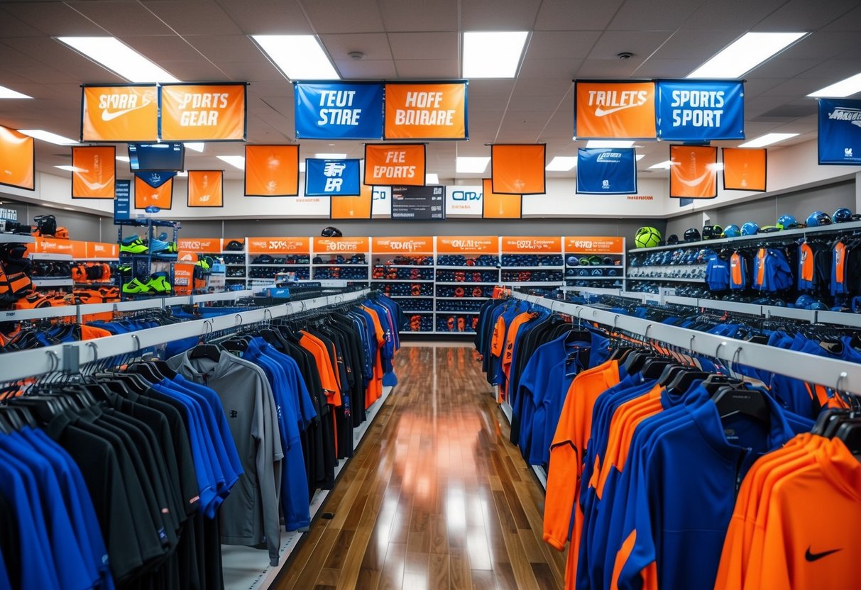 A crowded sports store with bright banners and shelves of discounted athletic gear