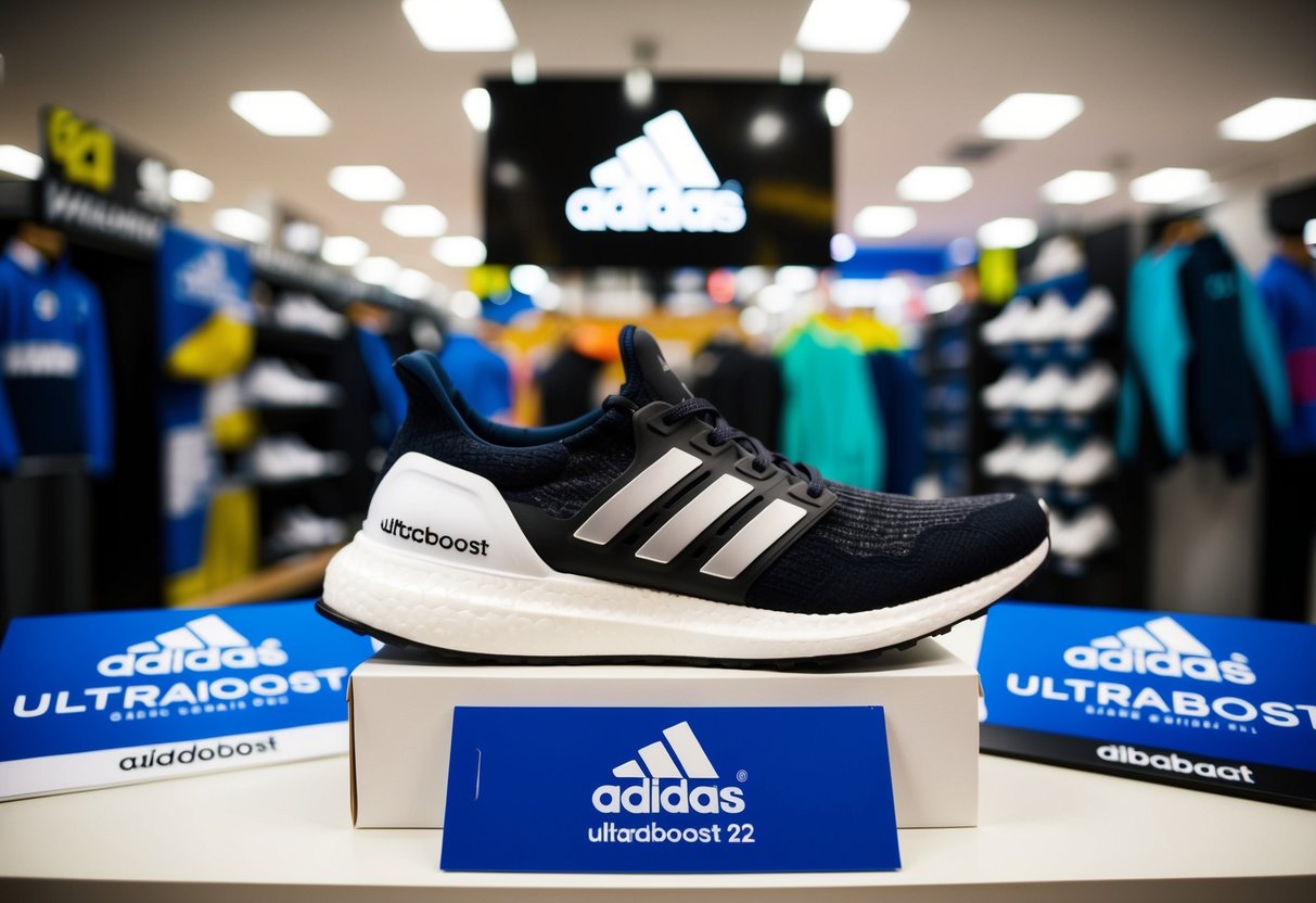 A display of Adidas Ultraboost 22 shoes at a busy Royal Sporting House store, with promotional materials and signage