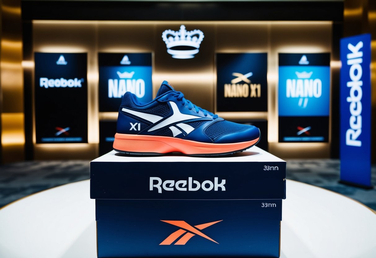 A display of Reebok Nano X1 shoes in a royal sporting house with promotional signage and branding