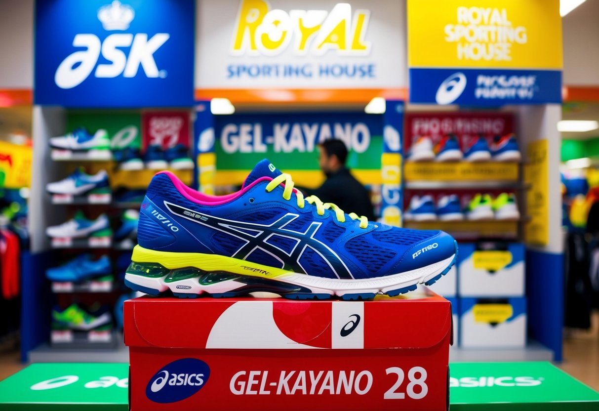 A vibrant display of Asics Gel-Kayano 28 shoes at a busy Royal Sporting House store, surrounded by promotional signs and banners
