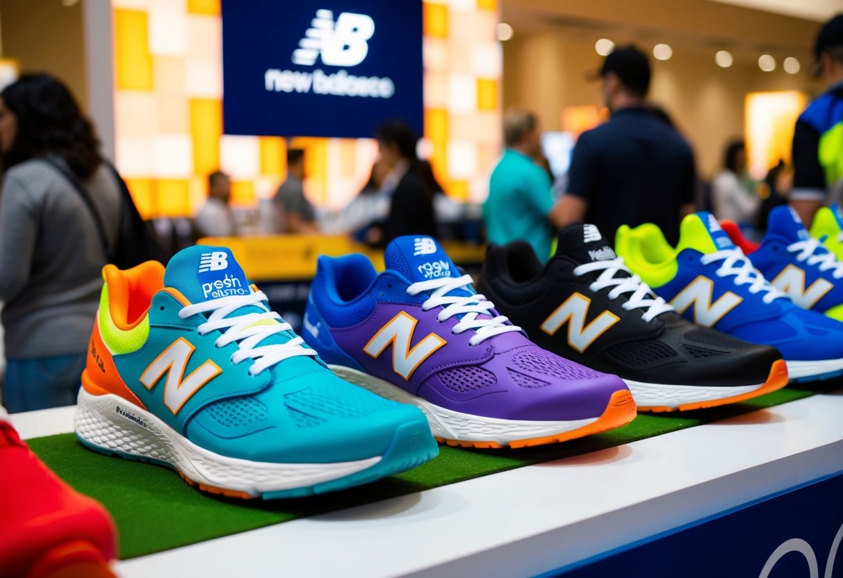 A colorful display of New Balance Fresh Foam 1080v11 shoes at a busy Royal Sporting House promotions event