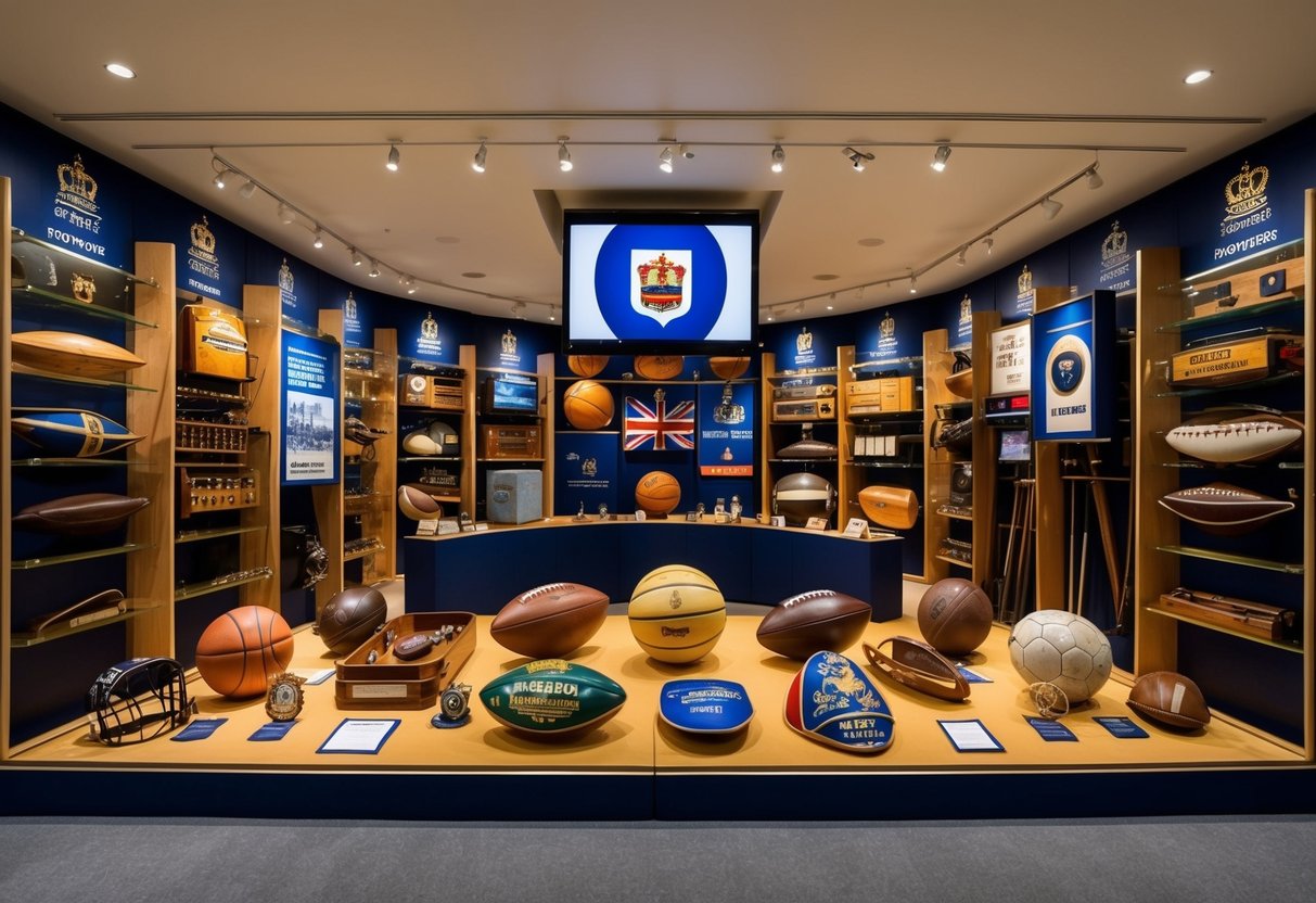A grand display of vintage sports equipment and memorabilia, showcasing the evolution of Royal Sporting House promotions over the years