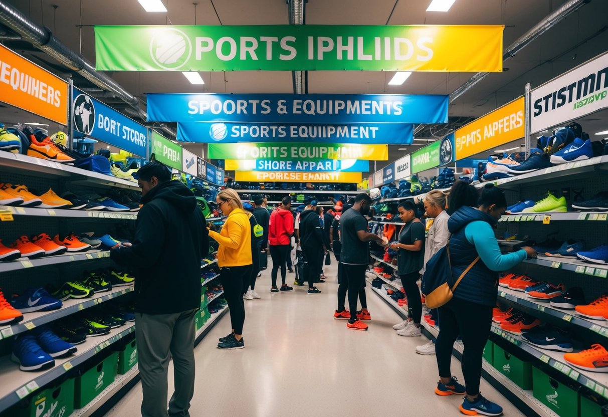A crowded store with colorful banners and signs promoting various sports equipment and apparel. Customers browsing shelves and trying on shoes