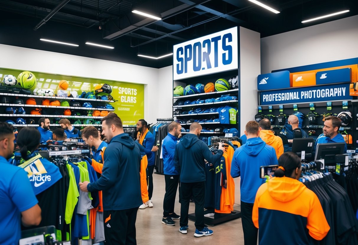 A crowded store with shelves of sports gear and a prominent promotional display. Customers browsing and staff assisting
