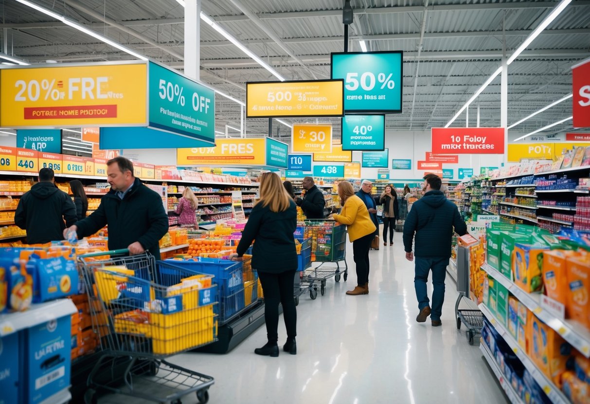 A bustling supermarket with colorful displays of discounted items and promotional signs scattered throughout the aisles. Customers browsing and grabbing items