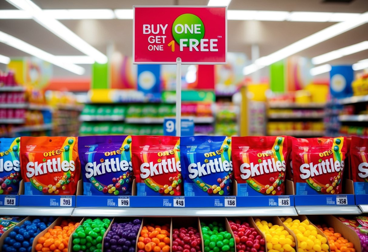 A colorful display of Skittles in the supermarket, with a "Buy One Get One Free" sign above the vibrant packages
