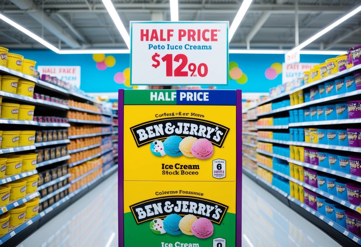 Brightly lit supermarket aisle with colorful Ben & Jerry's ice cream containers on display, surrounded by promotional signage indicating "Half Price" offer