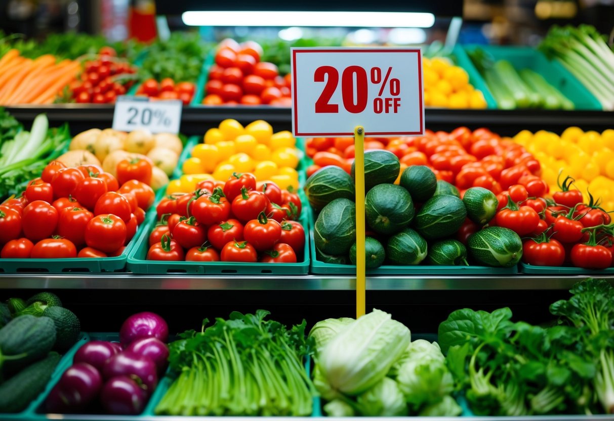 A colorful display of fresh vegetables with a "20% Discount" sign