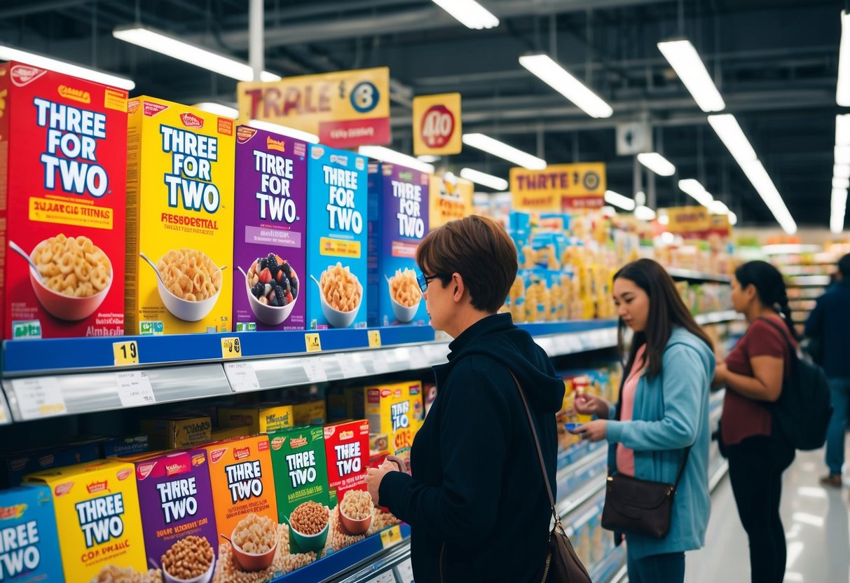 A colorful display of cereal boxes with a "Three for Two" promotion sign. Shoppers browsing the selection in a busy supermarket aisle