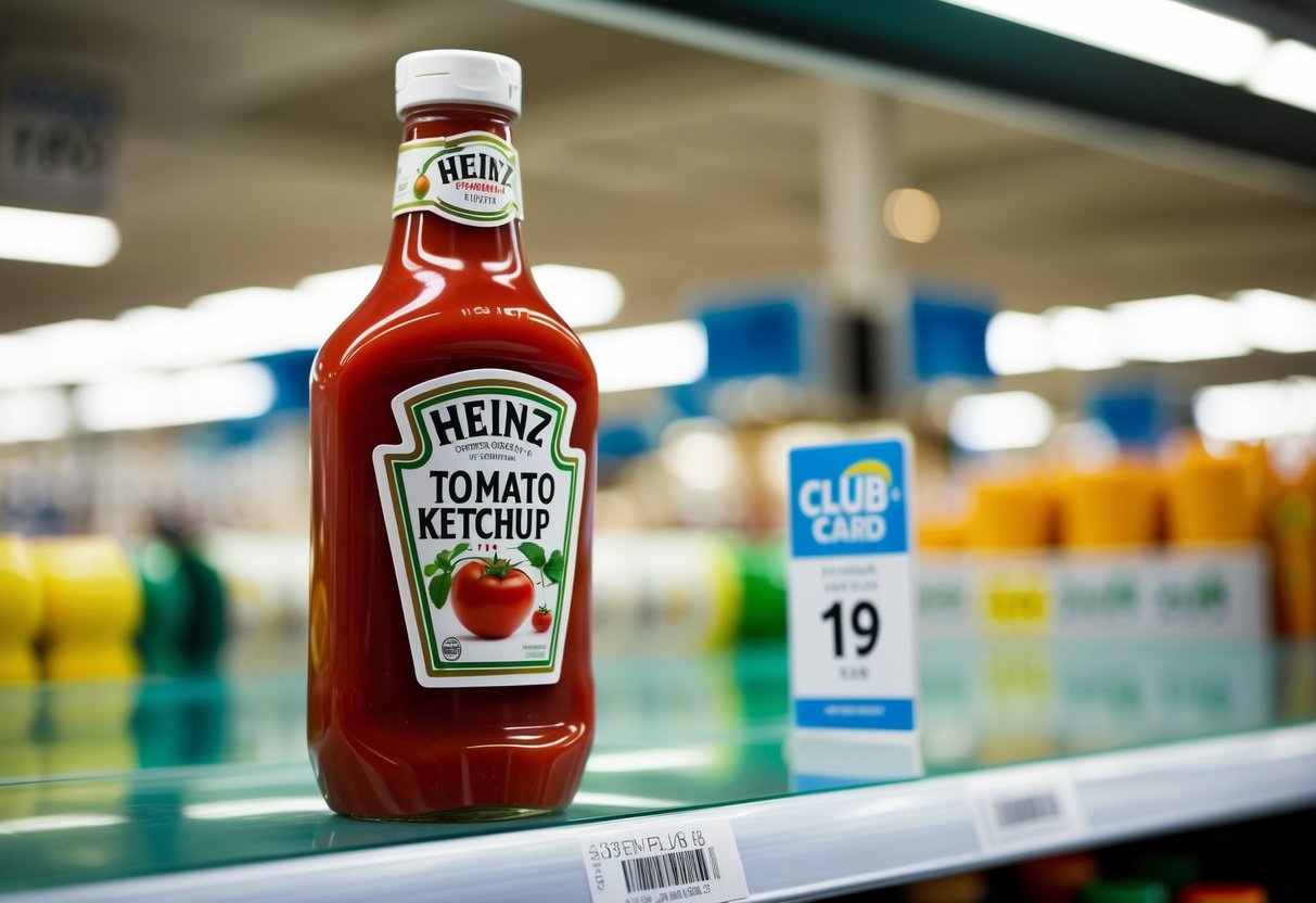 A bottle of Heinz Tomato Ketchup with a Clubcard Price tag displayed on a supermarket shelf