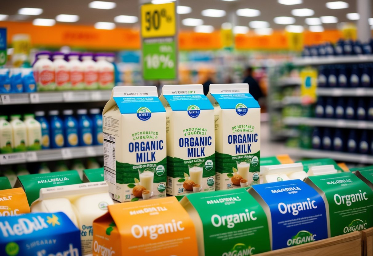 A display of discounted organic milk cartons surrounded by promotional signs in a supermarket aisle