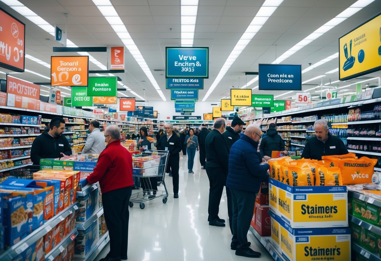 A crowded supermarket aisle with various promotional signs and displays. Customers browsing shelves and interacting with staff