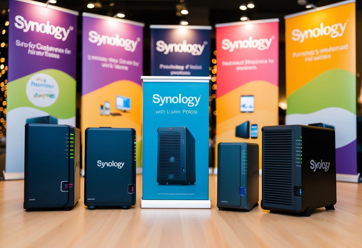 A colorful display of Synology products with promotional banners and logos