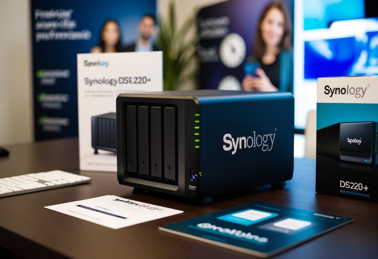 A sleek Synology DS220+ sits on a desk, surrounded by promotional materials. A fan-favorite for its advanced features and reliable performance