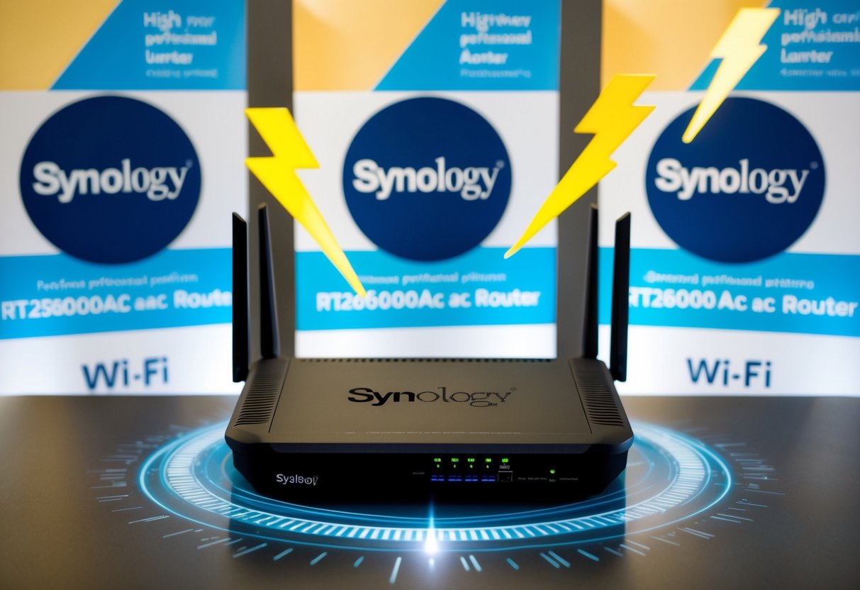 A sleek Synology RT2600ac router surrounded by lightning bolts and Wi-Fi signals, with promotional banners in the background