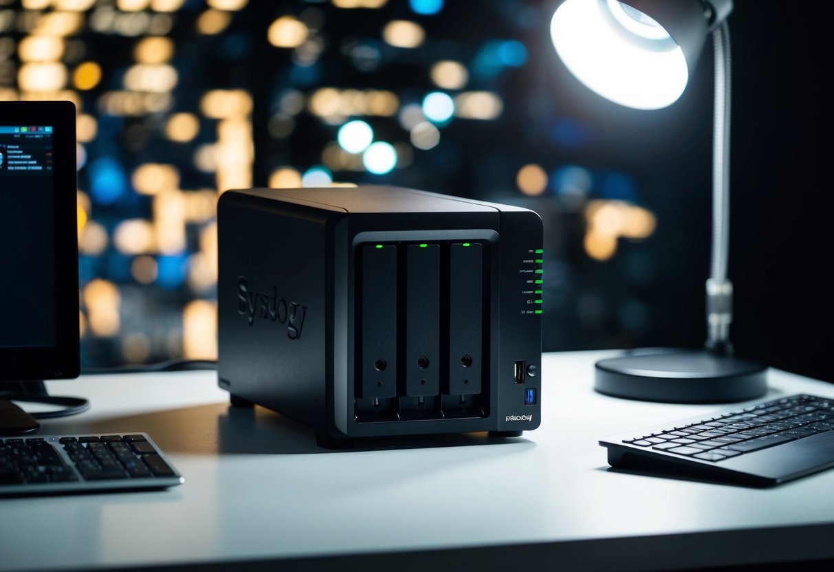 The Synology DS1621+ sits on a sleek desk, surrounded by high-performance computer equipment. A spotlight highlights the device, emphasizing its pro-level capabilities