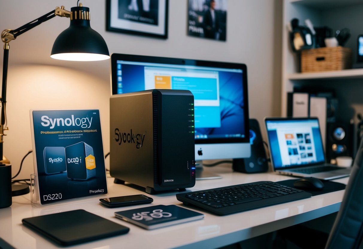 A cozy home office with a Synology DS220j prominently displayed on a desk, surrounded by various tech gadgets and promotional materials