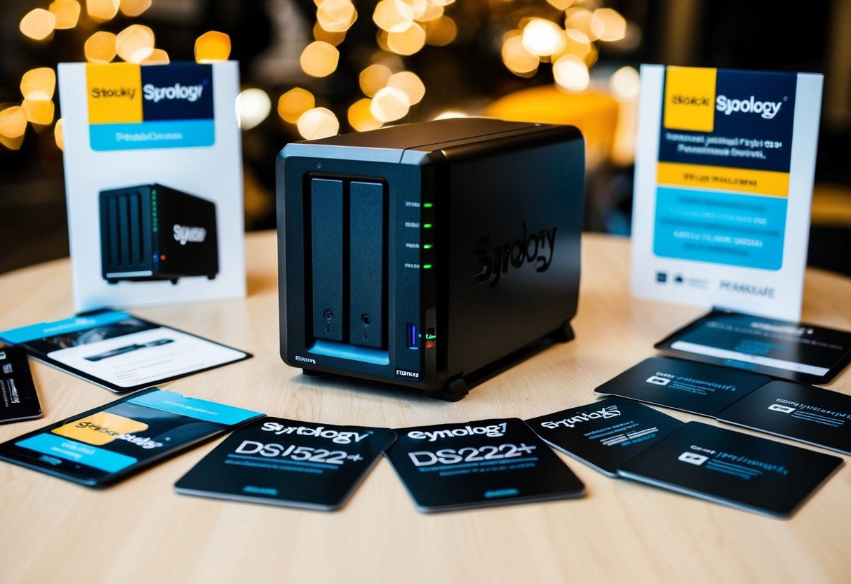 A compact yet powerful Synology DS1522+ surrounded by promotional elements