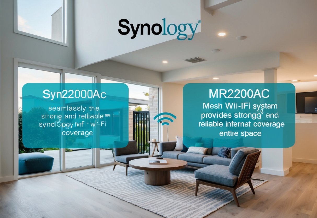 A modern home with multiple levels, featuring the Synology MR2200ac Mesh Wi-Fi system seamlessly providing strong and reliable internet coverage throughout the entire space
