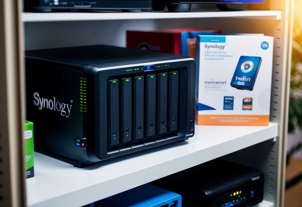 A shelf with a Synology DX517 unit surrounded by various storage devices and promotional materials