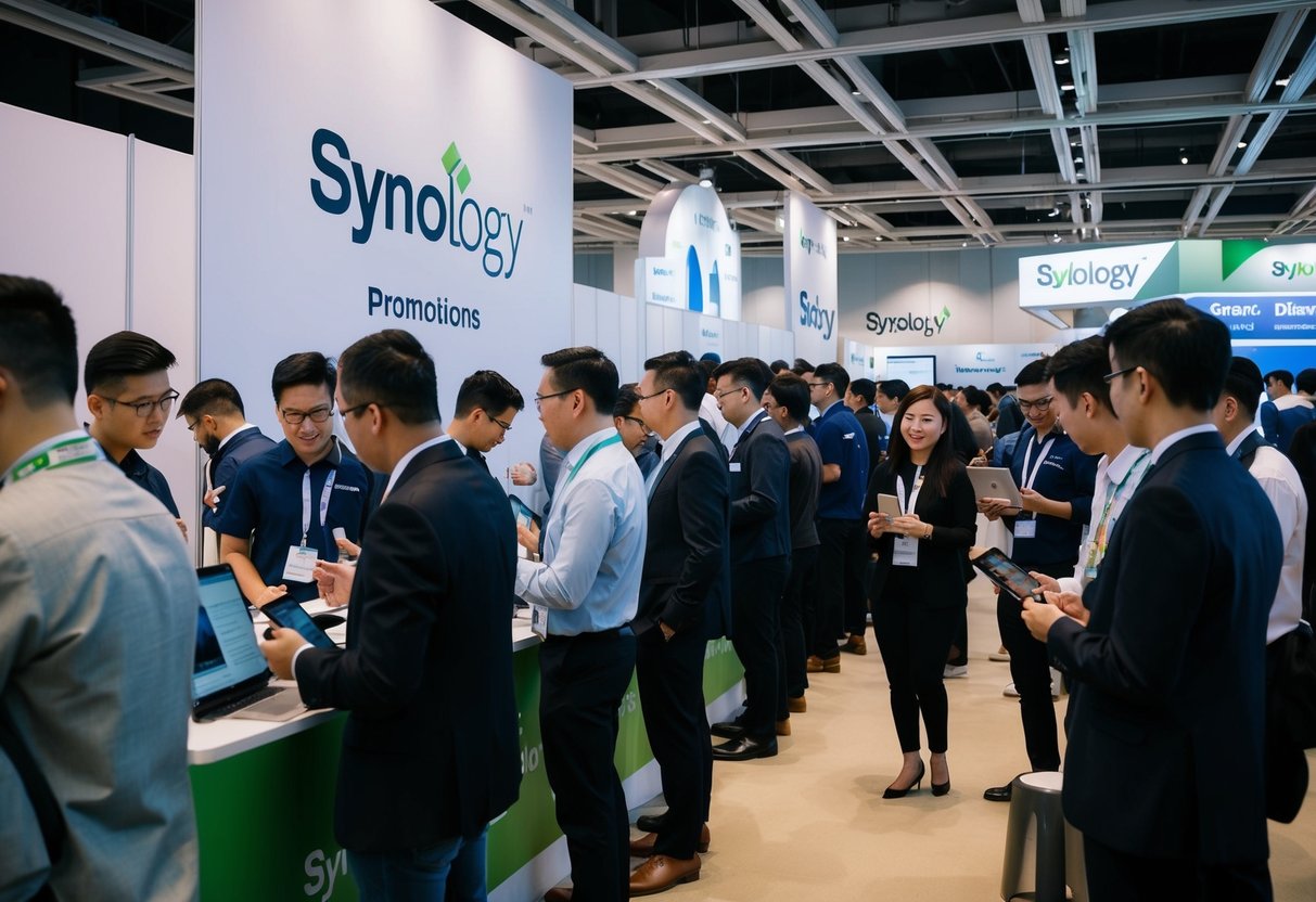 A crowded room with people lining up at a Synology promotions booth, eagerly asking questions while staff members assist them