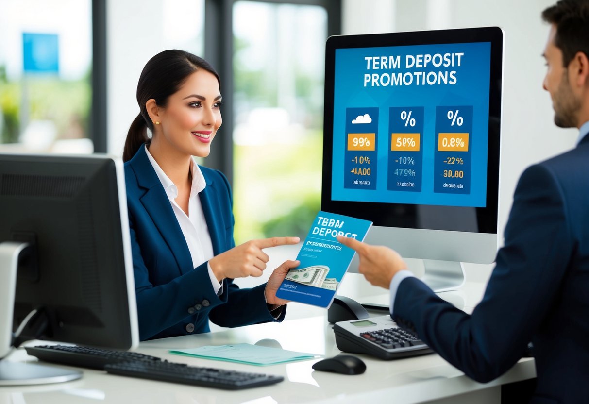 A bank teller presenting term deposit promotions to a customer at a desk. The teller is holding a brochure and gesturing towards a computer screen displaying interest rates and benefits