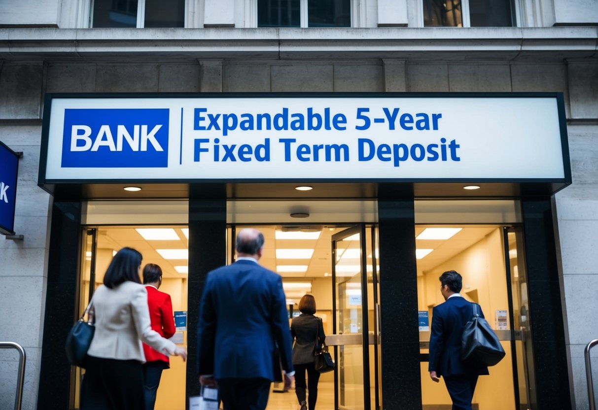 A bank building with a prominent sign advertising "Expandable 5-Year Fixed Term Deposit" promotions. Customers entering and leaving