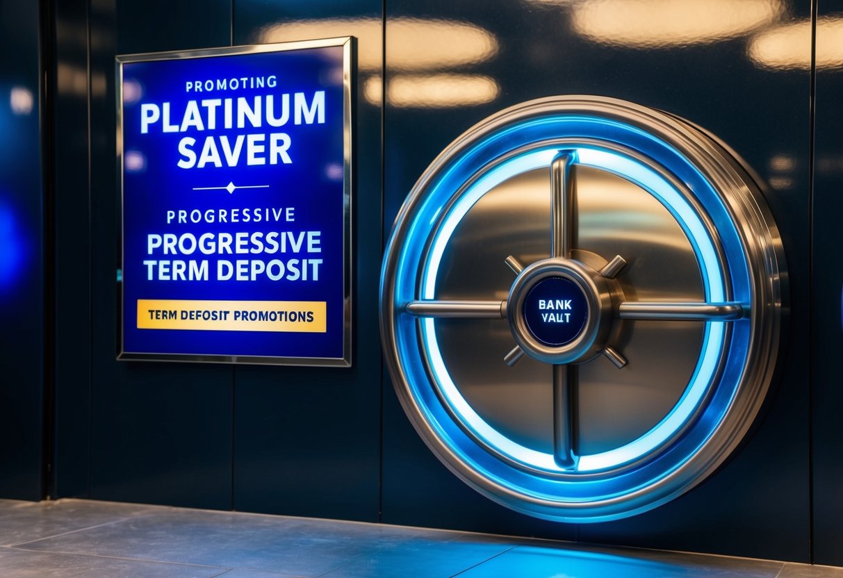A sleek, metallic bank vault with a glowing sign promoting Platinum Saver Progressive Term Deposit term deposit promotions
