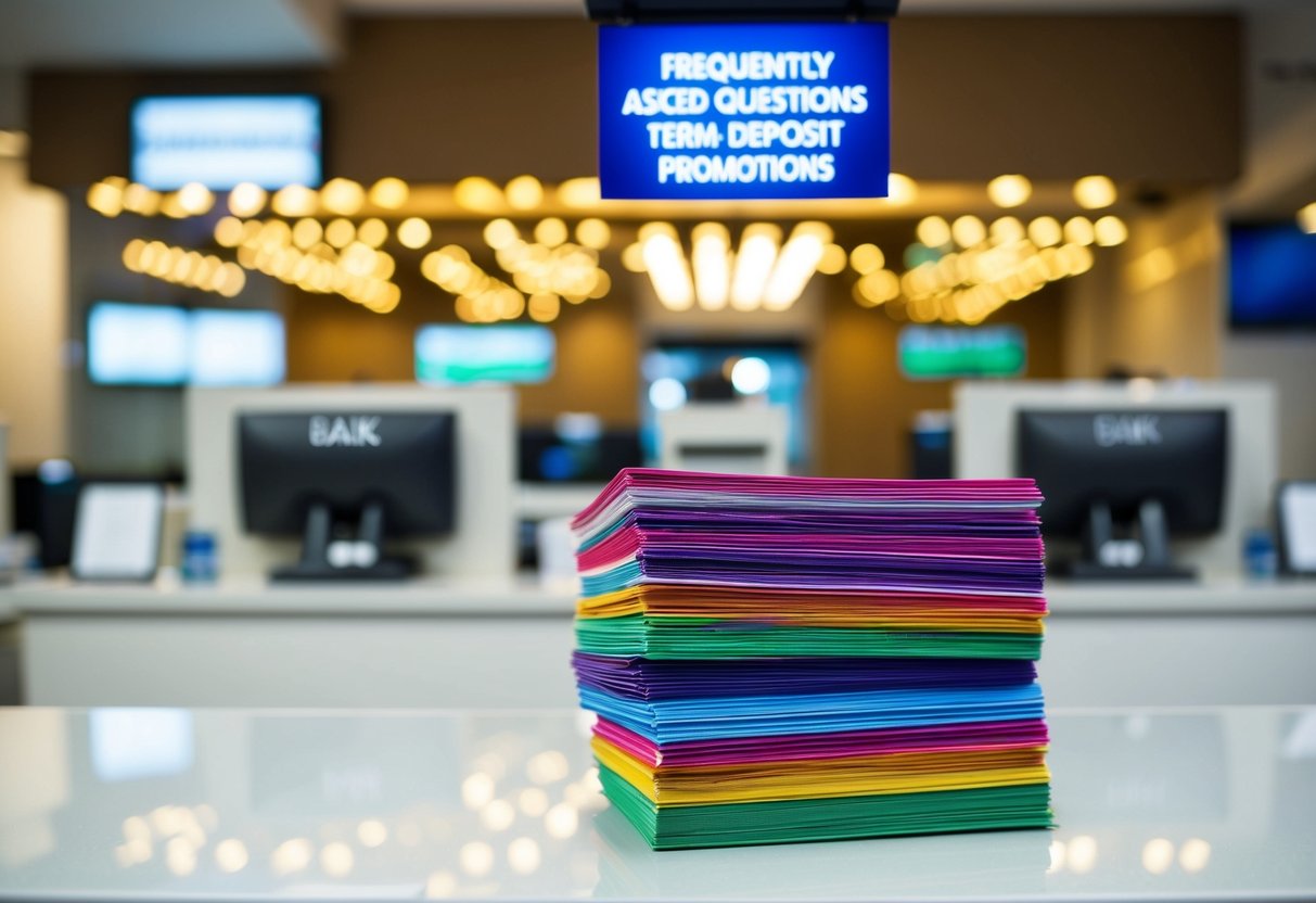 A stack of colorful pamphlets on a bank counter, with a sign advertising "Frequently Asked Questions term deposit promotions" above