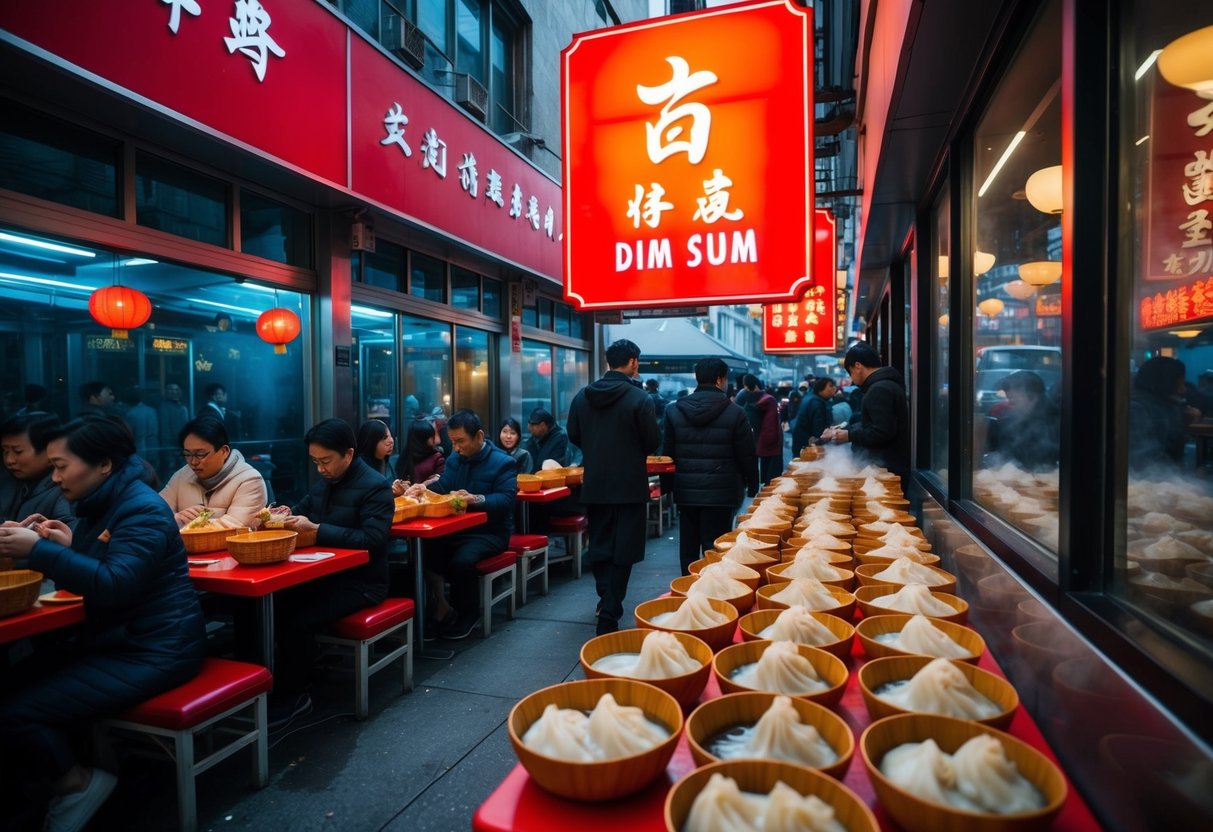 A bustling dim sum restaurant with a bright red sign and a line of customers outside. Tables are filled with steaming baskets of dumplings