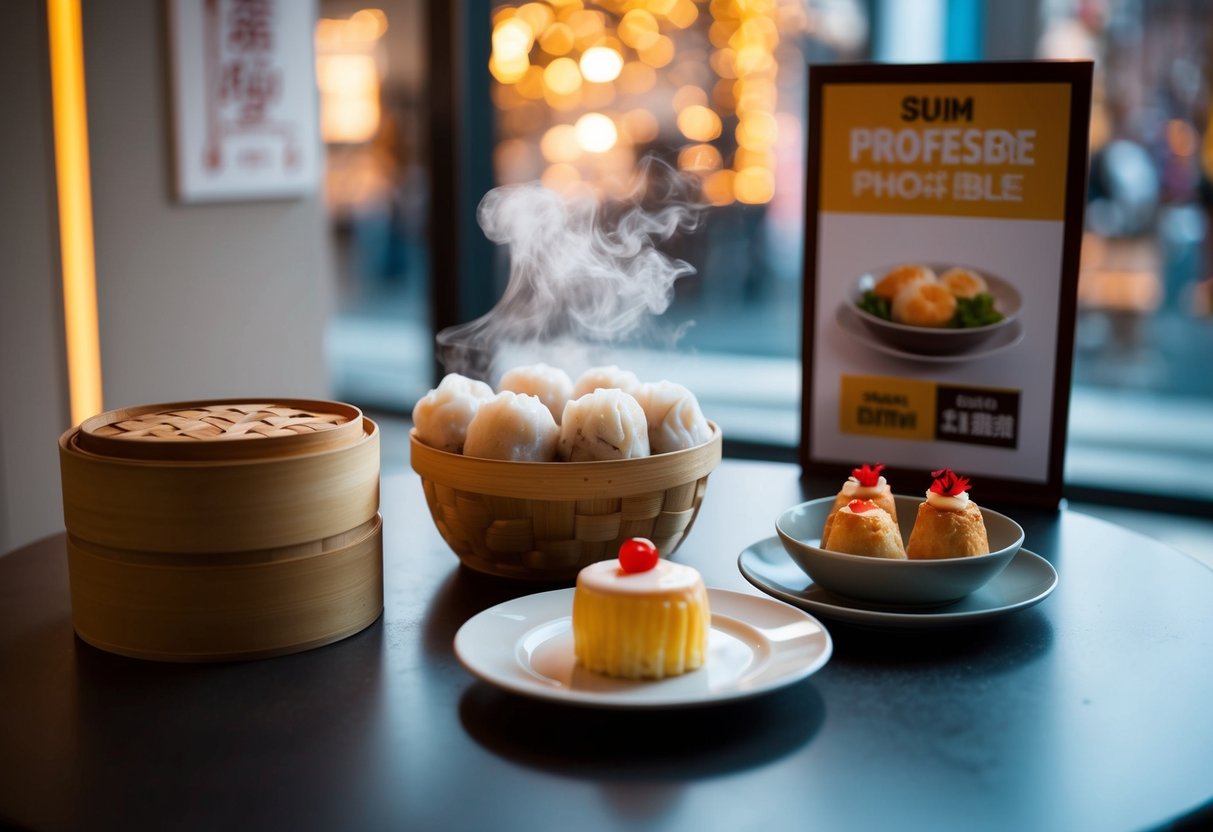 A table set with a steaming basket of dim sum and a small plate of dessert, with a promotional sign nearby