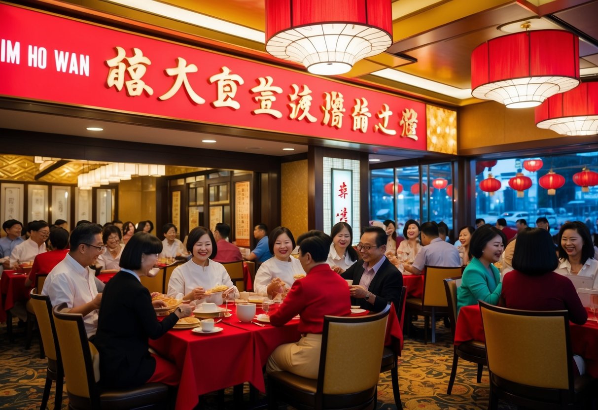 A bustling dim sum restaurant with a red and gold color scheme, filled with happy customers enjoying exclusive membership deals and promotions at Tim Ho Wan