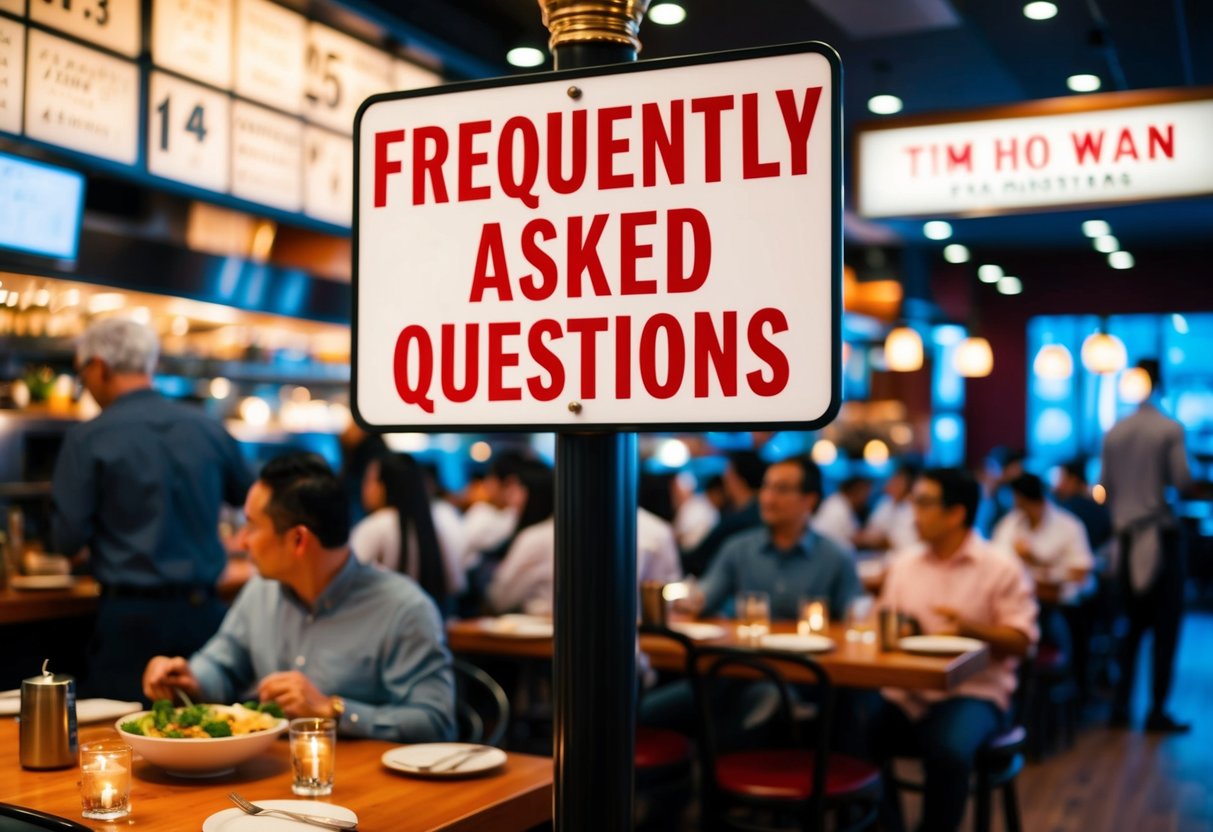 A bustling restaurant with a prominent "Frequently Asked Questions" sign and visible Tim Ho Wan promotions