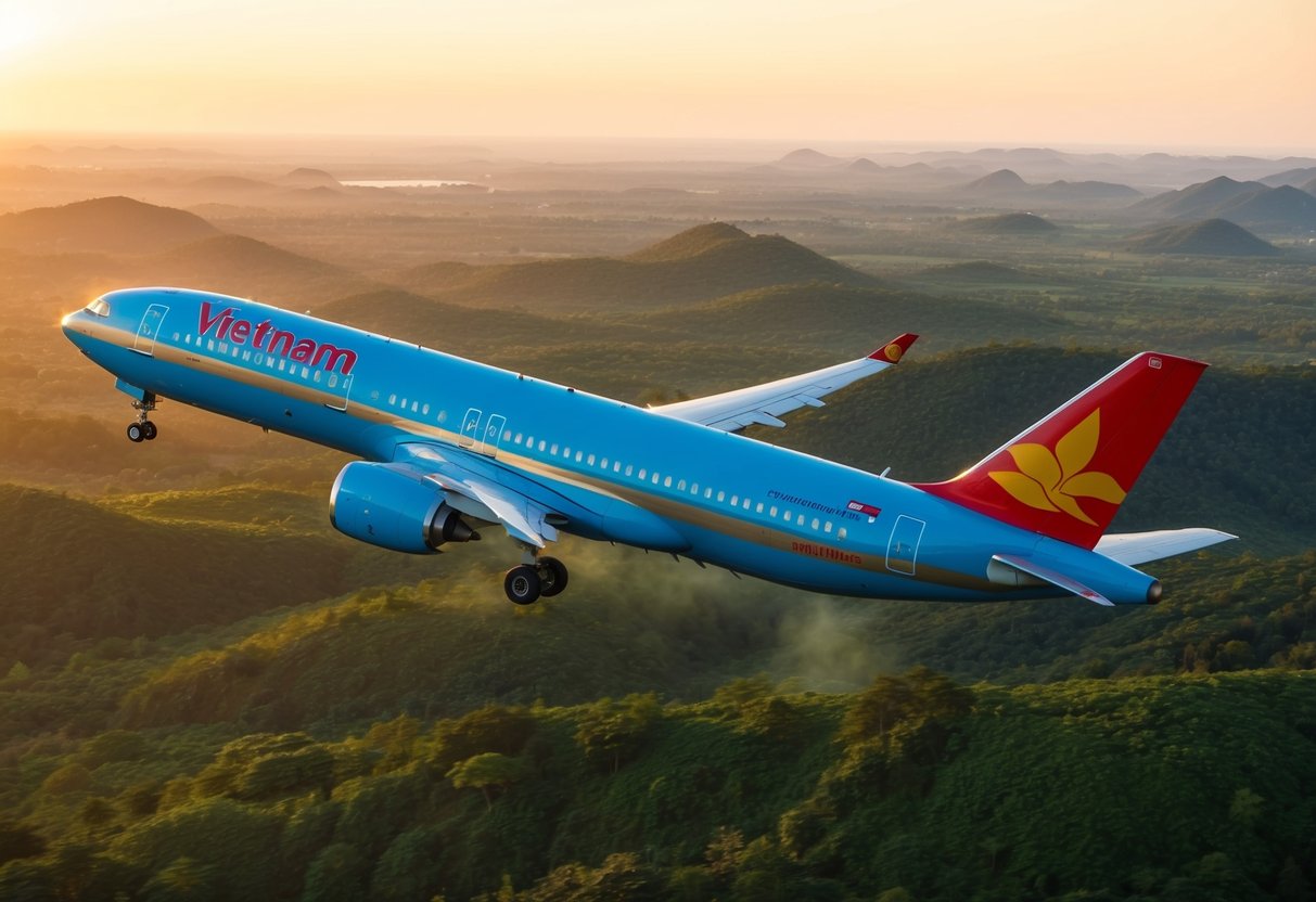 A vibrant airplane soaring over a lush Vietnamese landscape, with the Vietnam Airlines logo prominently displayed on the side