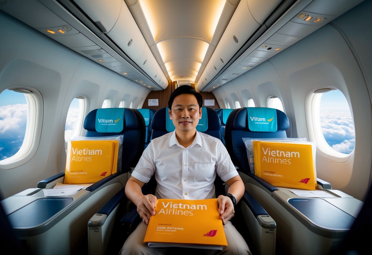 A traveler sits in an airplane seat, surrounded by promotional materials for Vietnam Airlines. The cabin is spacious and comfortable, with a view of the clouds outside
