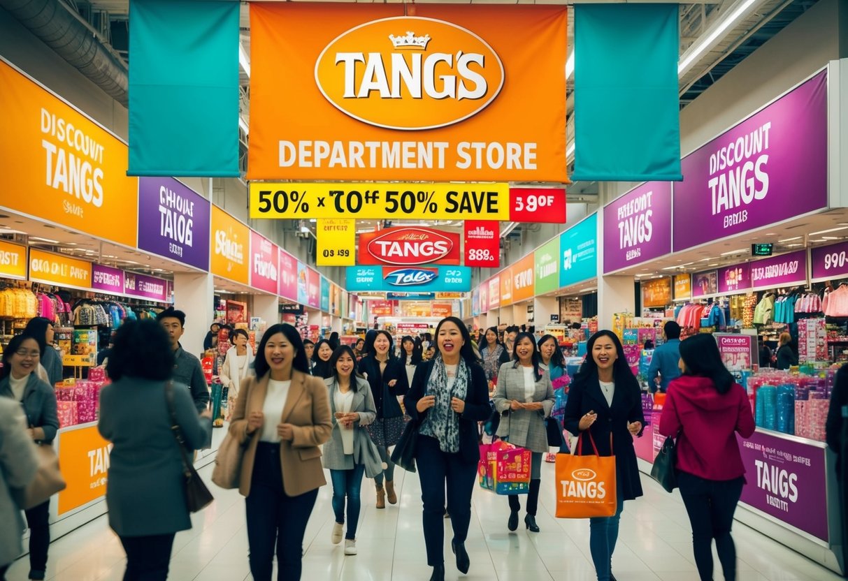 A bustling department store with colorful banners and excited shoppers, showcasing various discount deals at Tangs