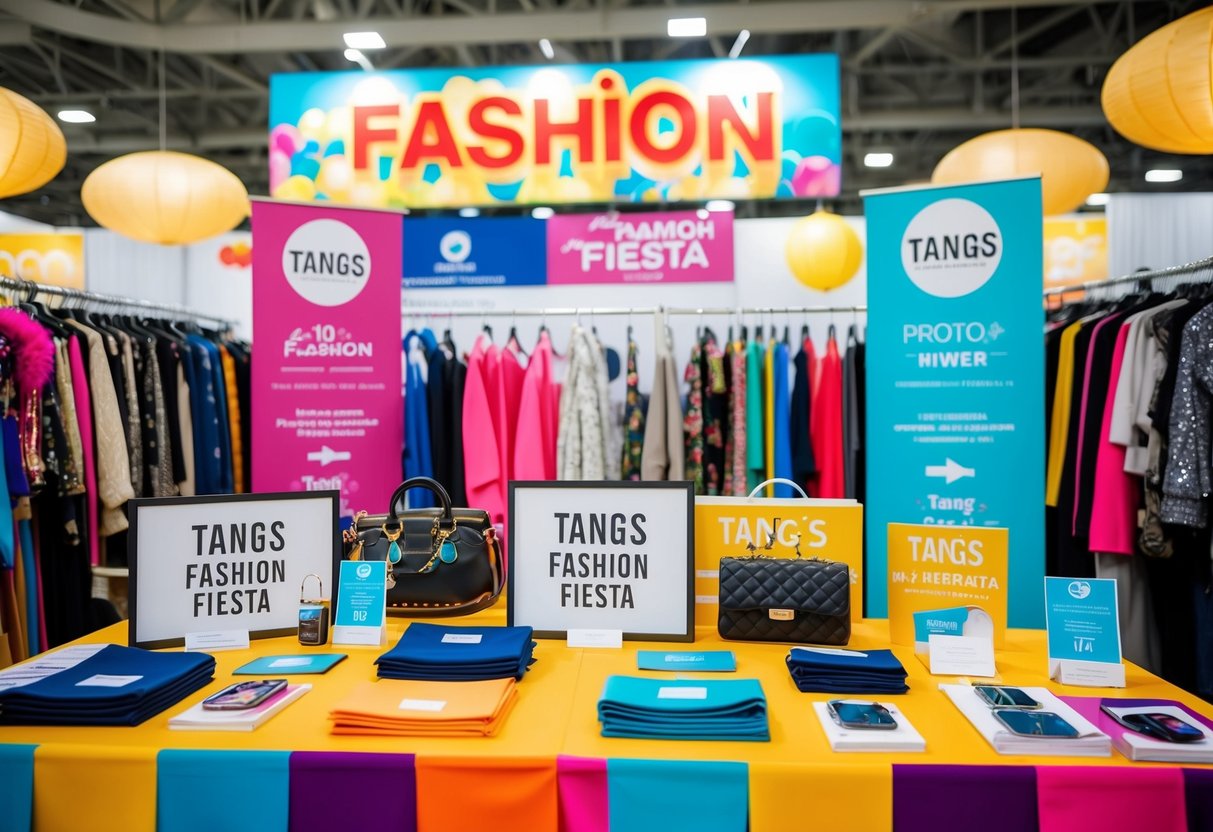 A vibrant display of fashion items with colorful banners and promotional signs at Tangs Fashion Fiesta