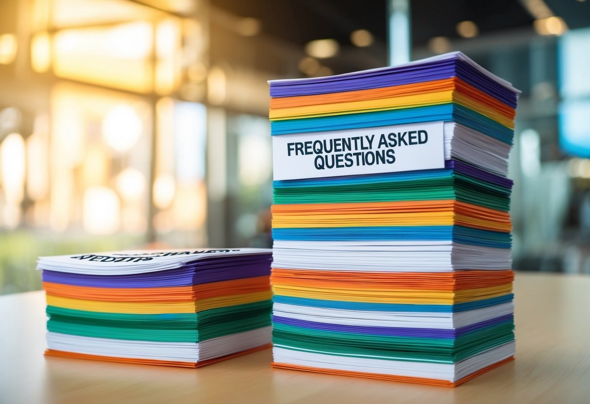 A stack of colorful promotional flyers arranged neatly on a table, with the words "Frequently Asked Questions" prominently displayed