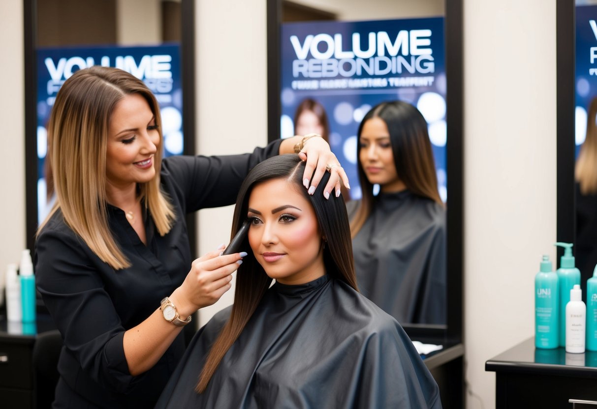 A salon chair with a hair stylist applying a straightening treatment to a client's hair. Promotional signage for "volume rebonding" displayed in the background