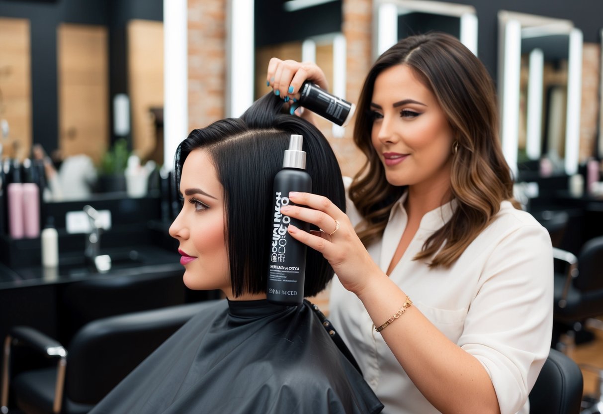 A salon chair with a client's hair being treated with Toni&Guy Volume Rebonding products