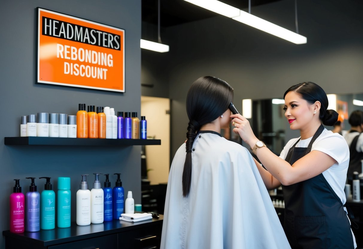 A salon interior with hair products on shelves, a sign advertising "Headmasters Rebonding Discount," and a stylist working on a client's hair